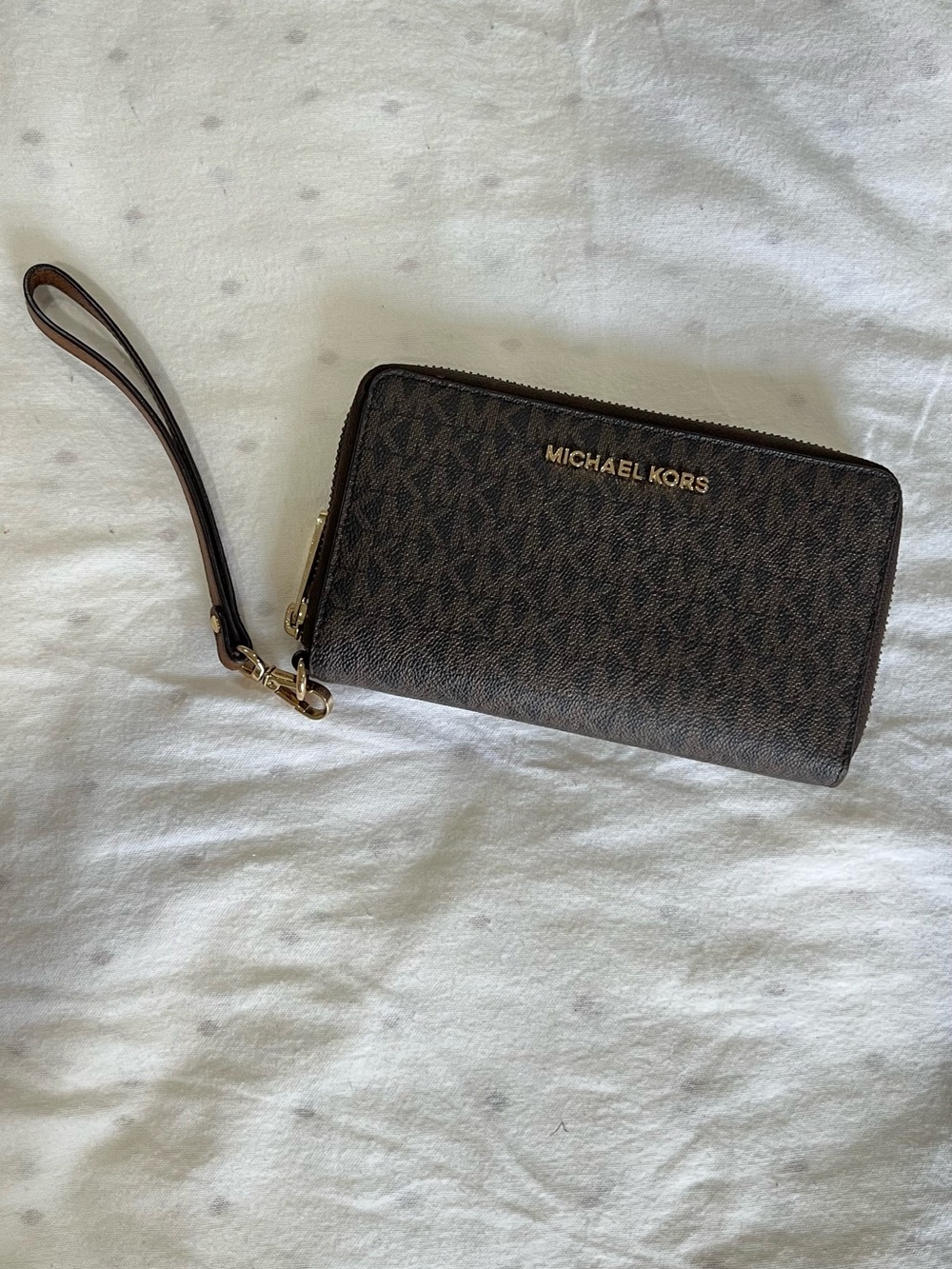Michael Kors Brown and Gold Logo Signature Wristlet Card Holder